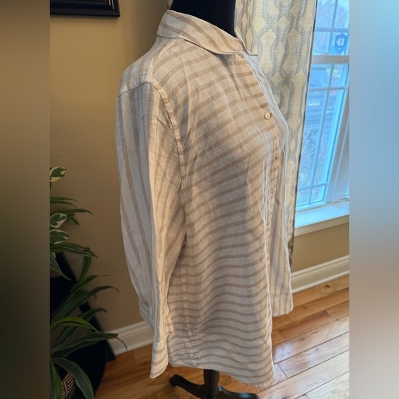 Chico's Striped 3/4 Sleeve 100% Linen Button Down Shirt Womens Sz 3P Beige/White - Picture 3 of 12